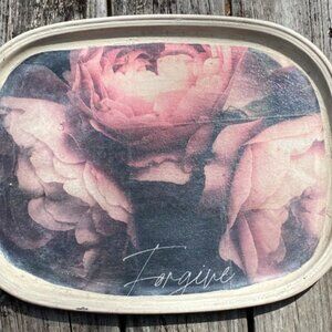 Vintage Up-cycled Metal Display Serving Tray Crackle Paint With Floral Decoupage